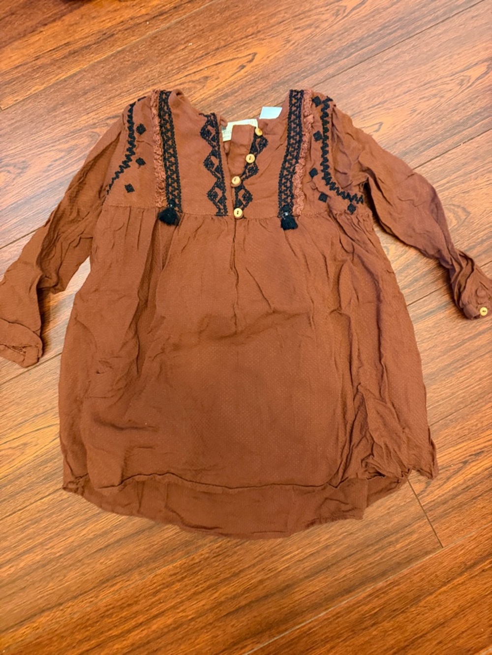 Zara BabyGirl Boho Embroidered Tunic Top in Rust with Black Trim